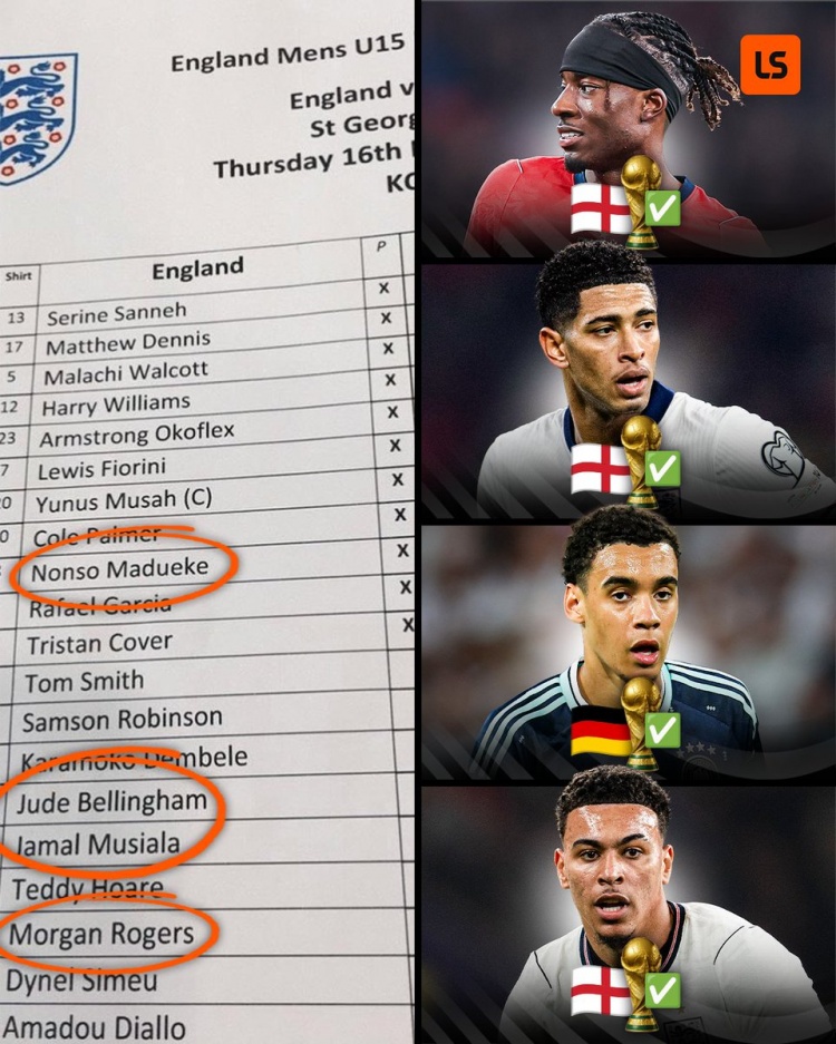 英格蘭U15四子齊聚2026世界杯：貝林穆西亞拉領(lǐng)銜，帕爾默落選